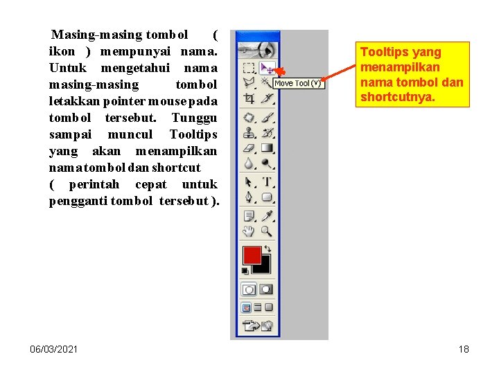 Masing-masing tombol ( ikon ) mempunyai nama. Untuk mengetahui nama masing-masing tombol letakkan pointer Masing-masing tombol ( ikon ) mempunyai nama. Untuk mengetahui nama masing-masing tombol letakkan pointer