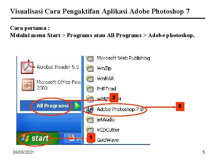 Visualisasi Cara Pengaktifan Aplikasi Adobe Photoshop 7 Cara pertama : Melalui menu Start > Visualisasi Cara Pengaktifan Aplikasi Adobe Photoshop 7 Cara pertama : Melalui menu Start >