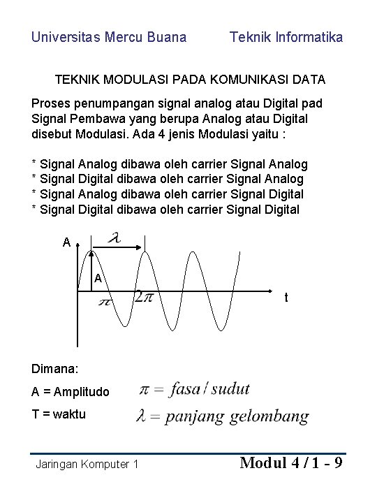 Universitas Mercu Buana Teknik Informatika TEKNIK MODULASI PADA KOMUNIKASI DATA Proses penumpangan signal analog