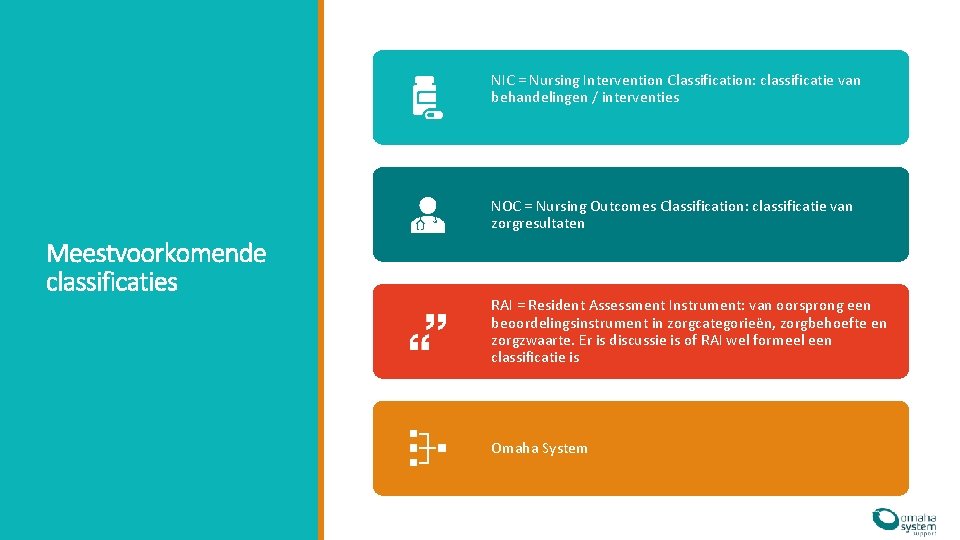 NIC = Nursing Intervention Classification: classificatie van behandelingen / interventies NOC = Nursing Outcomes NIC = Nursing Intervention Classification: classificatie van behandelingen / interventies NOC = Nursing Outcomes