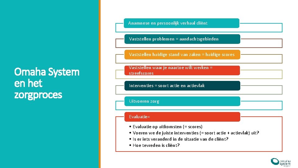 Anamnese en persoonlijk verhaal cliënt Vaststellen problemen = aandachtsgebieden Vaststellen huidige stand van zaken Anamnese en persoonlijk verhaal cliënt Vaststellen problemen = aandachtsgebieden Vaststellen huidige stand van zaken