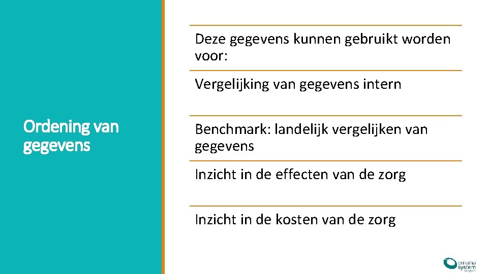 Deze gegevens kunnen gebruikt worden voor: Vergelijking van gegevens intern Ordening van gegevens Benchmark: Deze gegevens kunnen gebruikt worden voor: Vergelijking van gegevens intern Ordening van gegevens Benchmark: