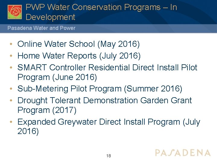 PWP Water Conservation Programs – In Development Pasadena Water and Power • Online Water