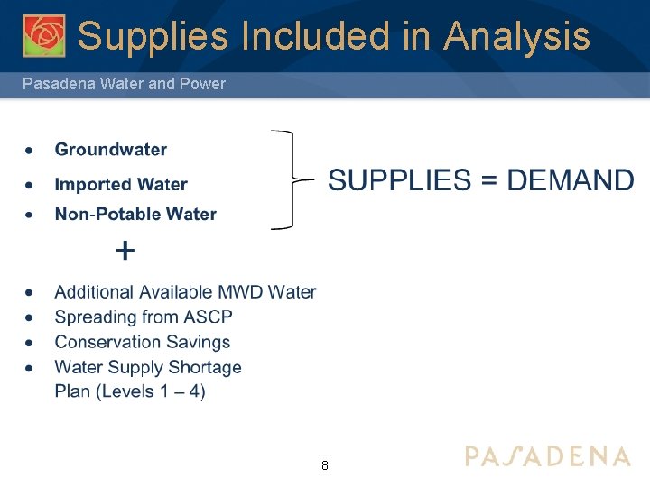 Supplies Included in Analysis Pasadena Water and Power 8 