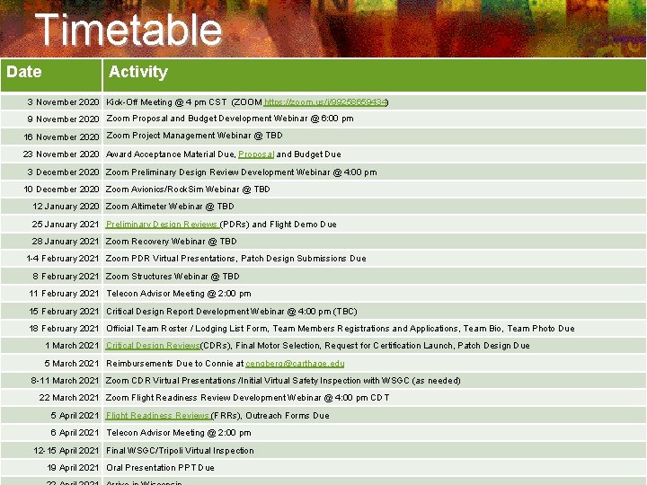 Timetable Date Activity https: //spacegrant. carthage. edu/first-nations-launch/calendar/ 3 November 2020 Kick-Off Meeting @ 4