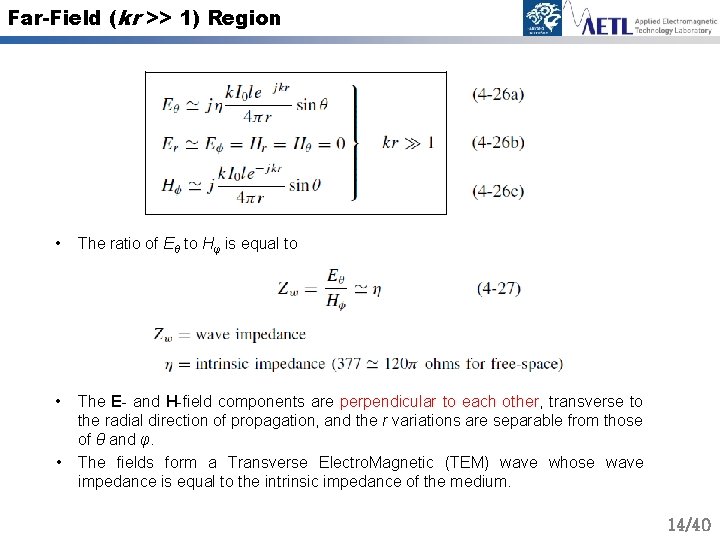 Far-Field (kr >> 1) Region • The ratio of Eθ to Hφ is equal