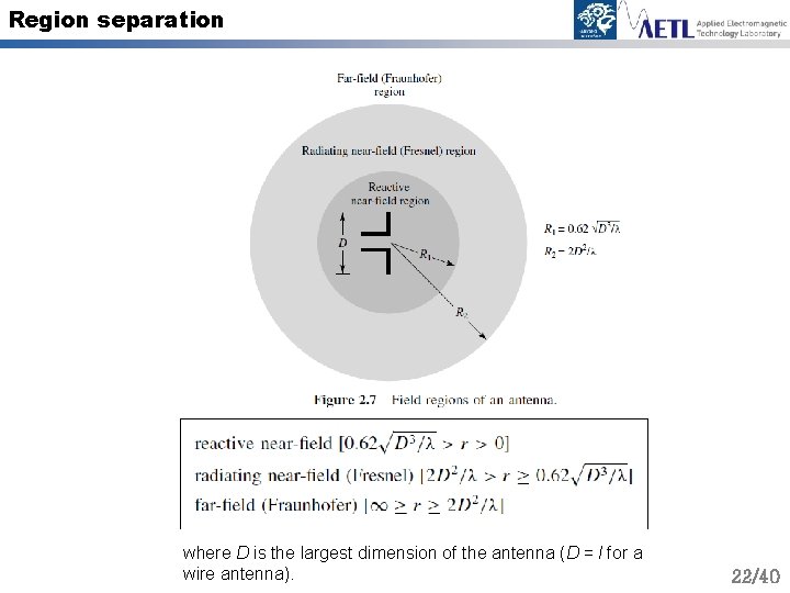 Region separation where D is the largest dimension of the antenna (D = l