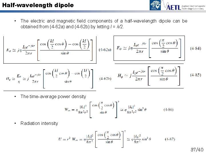 Half-wavelength dipole • The electric and magnetic field components of a half-wavelength dipole can