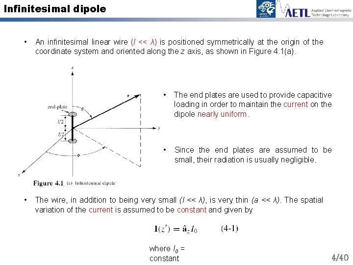 Infinitesimal dipole • • An infinitesimal linear wire (l << λ) is positioned symmetrically