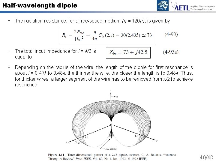 Half-wavelength dipole • The radiation resistance, for a free-space medium (η = 120π), is