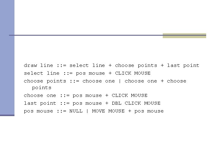 draw line : : = select line + choose points + last point select draw line : : = select line + choose points + last point select
