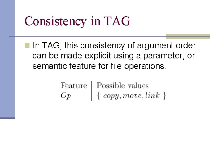 Consistency in TAG n In TAG, this consistency of argument order can be made Consistency in TAG n In TAG, this consistency of argument order can be made