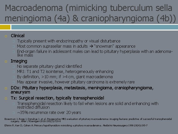 Macroadenoma (mimicking tuberculum sella meningioma (4 a) & craniopharyngioma (4 b)) Clinical � �