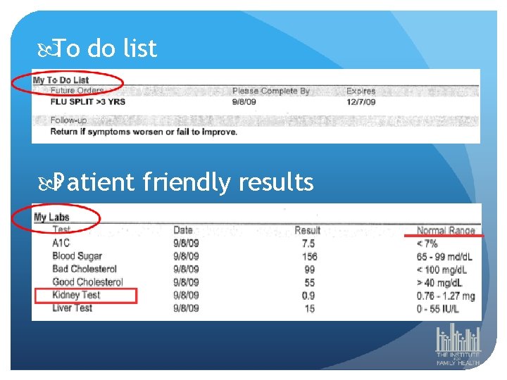  To do list Patient friendly results 