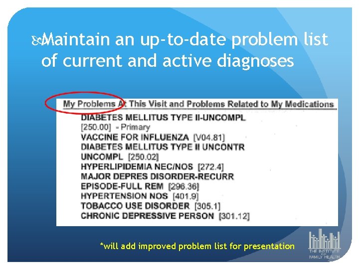  Maintain an up-to-date problem list of current and active diagnoses *will add improved