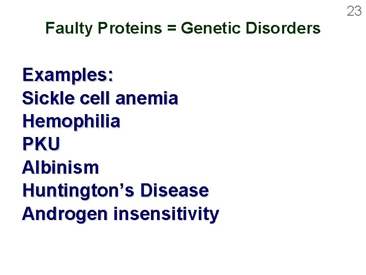 23 Faulty Proteins = Genetic Disorders Examples: Sickle cell anemia Hemophilia PKU Albinism Huntington’s