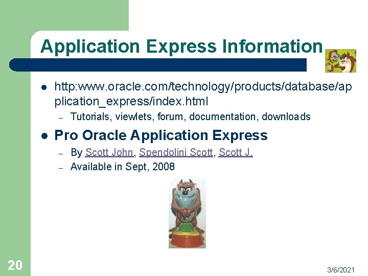 Application Express Information l http: www. oracle. com/technology/products/database/ap plication_express/index. html – l Pro Oracle