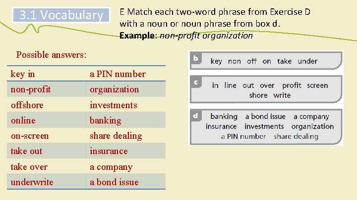 3. 1 Vocabulary E Match each two-word phrase from Exercise D with a noun
