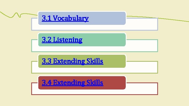 3. 1 Vocabulary 3. 2 Listening 3. 3 Extending Skills 3. 4 Extending Skills