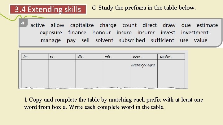 3. 4 Extending skills G Study the prefixes in the table below. 1 Copy
