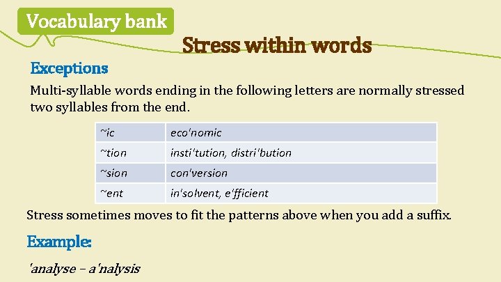 Vocabulary bank Stress within words Exceptions Multi-syllable words ending in the following letters are
