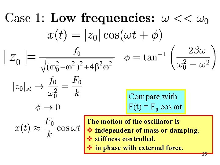 Compare with F(t) = F 0 cos ωt The motion of the oscillator is