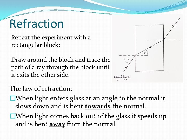 Refraction Repeat the experiment with a rectangular block: Draw around the block and trace