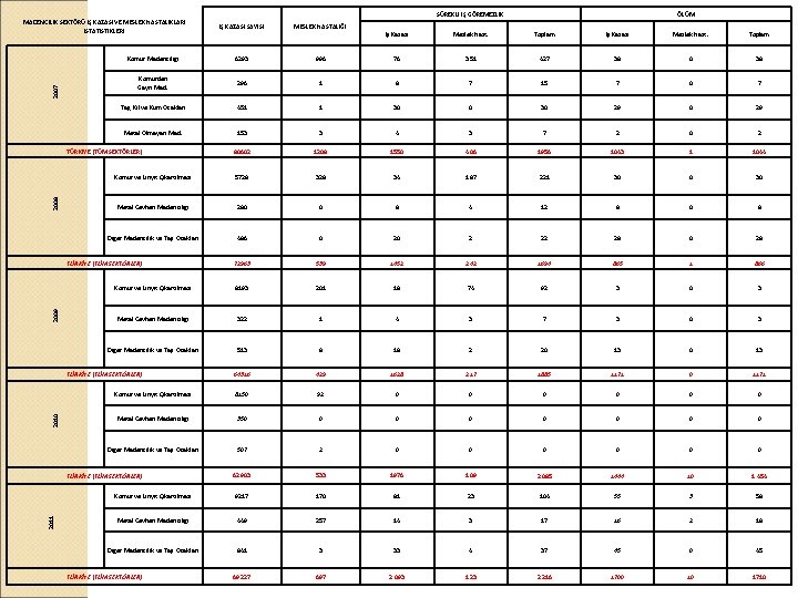 2007 MADENCİLİK SEKTÖRÜ İŞ KAZASI VE MESLEK HASTALIKLARI İSTATİSTİKLERİ MESLEK HASTALIĞI Kömür Madenciliği 6293