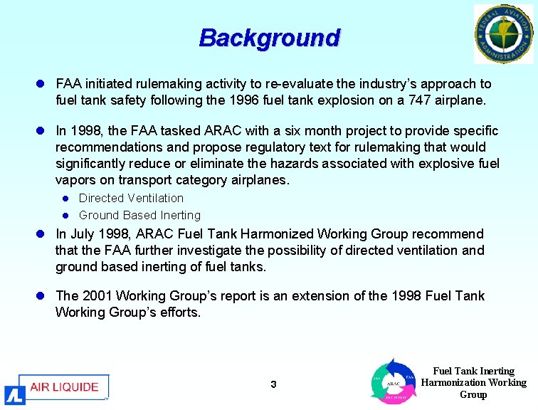 Background l FAA initiated rulemaking activity to re-evaluate the industry’s approach to fuel tank