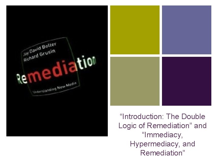 + “Introduction: The Double Logic of Remediation” and “Immediacy, Hypermediacy, and Remediation” 