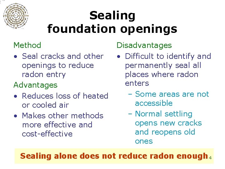 Sealing foundation openings Method • Seal cracks and other openings to reduce radon entry