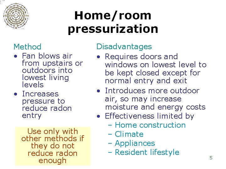 Home/room pressurization Method • Fan blows air from upstairs or outdoors into lowest living