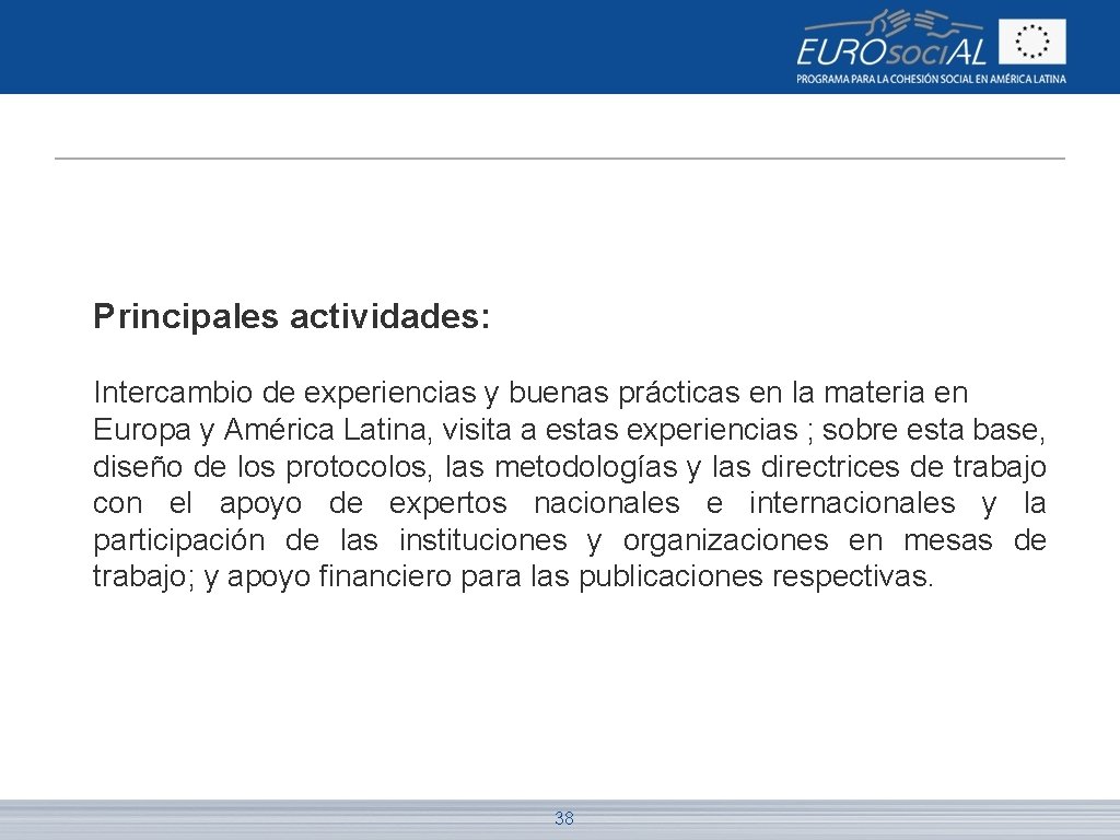 Principales actividades: Intercambio de experiencias y buenas prácticas en la materia en Europa y