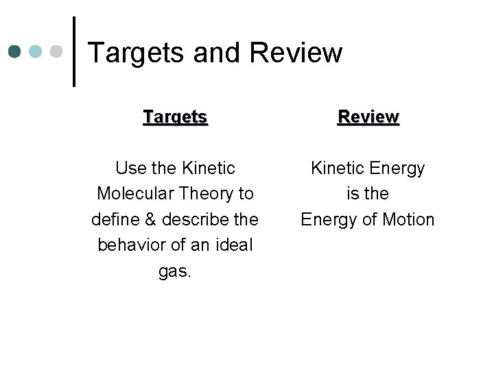 Targets and Review Targets Review Use the Kinetic Molecular Theory to define & describe