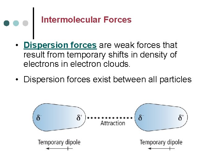 Intermolecular Forces • Dispersion forces are weak forces that result from temporary shifts in