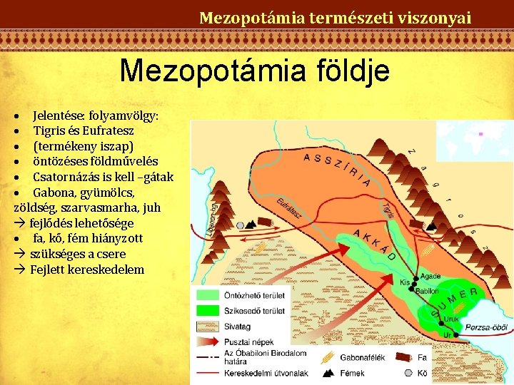 Mezopotámia természeti viszonyai Mezopotámia földje Jelentése: folyamvölgy: Tigris és Eufratesz (termékeny iszap) öntözéses földművelés