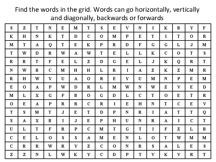 Find the words in the grid. Words can go horizontally, vertically and diagonally, backwards