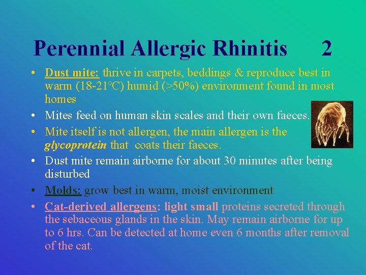 Perennial Allergic Rhinitis 2 • Dust mite: thrive in carpets, beddings & reproduce best