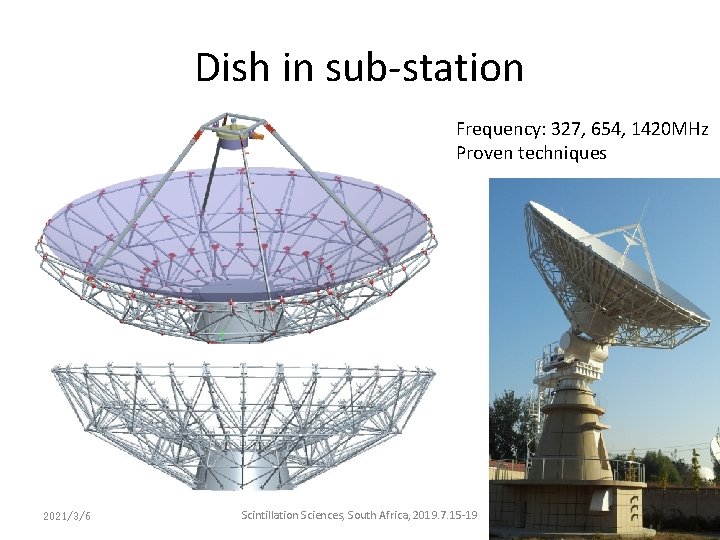 Dish in sub-station Frequency: 327, 654, 1420 MHz Proven techniques 2021/3/6 Scintillation Sciences, South Dish in sub-station Frequency: 327, 654, 1420 MHz Proven techniques 2021/3/6 Scintillation Sciences, South