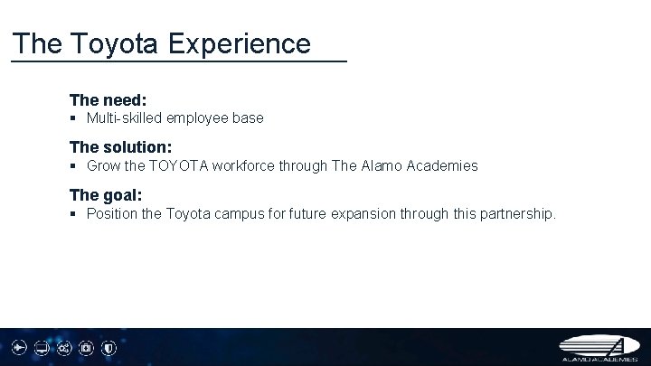 The Toyota Experience The need: § Multi-skilled employee base The solution: § Grow the