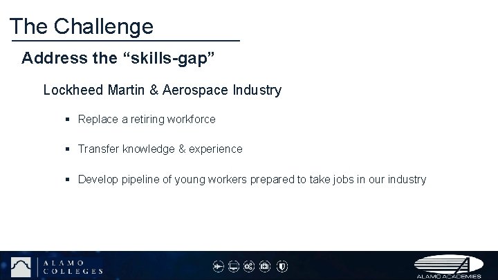 The Challenge Address the “skills-gap” Lockheed Martin & Aerospace Industry § Replace a retiring