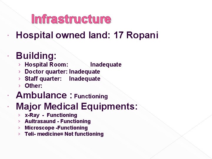 Infrastructure Hospital owned land: 17 Ropani Building: › › Hospital Room: Inadequate Doctor quarter: