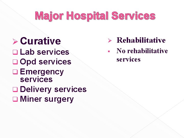 Major Hospital Services Ø Curative q Lab services q Opd services q Emergency services