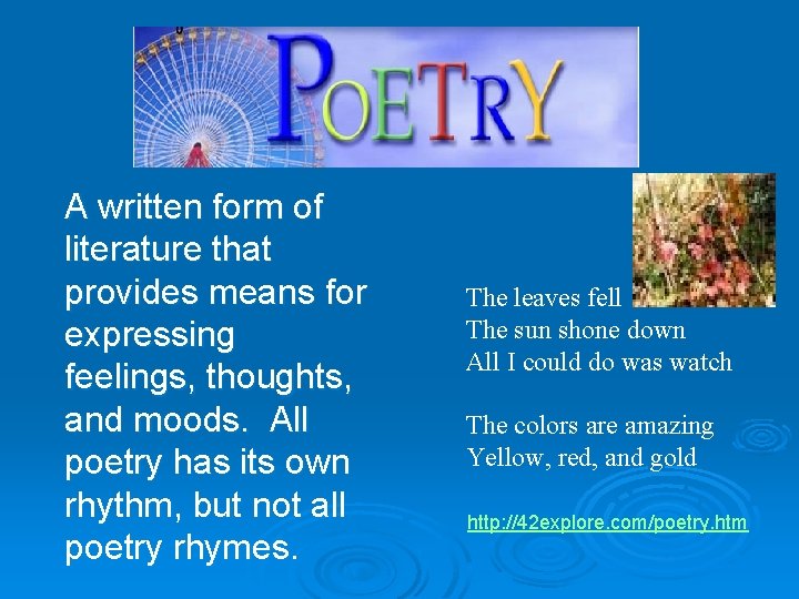 A written form of literature that provides means for expressing feelings, thoughts, and moods.