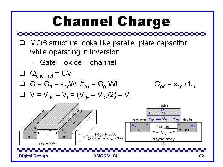 Channel Charge q MOS structure looks like parallel plate capacitor while operating in inversion Channel Charge q MOS structure looks like parallel plate capacitor while operating in inversion