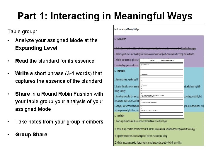 Part 1: Interacting in Meaningful Ways Table group: • Analyze your assigned Mode at