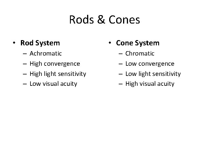 Rods & Cones • Rod System – – Achromatic High convergence High light sensitivity