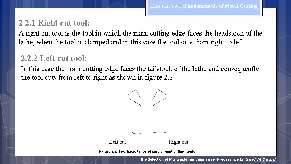 CHAPTER TWO : Fundamentals of Metal Cutting 2. 2. 1 Right cut tool: A