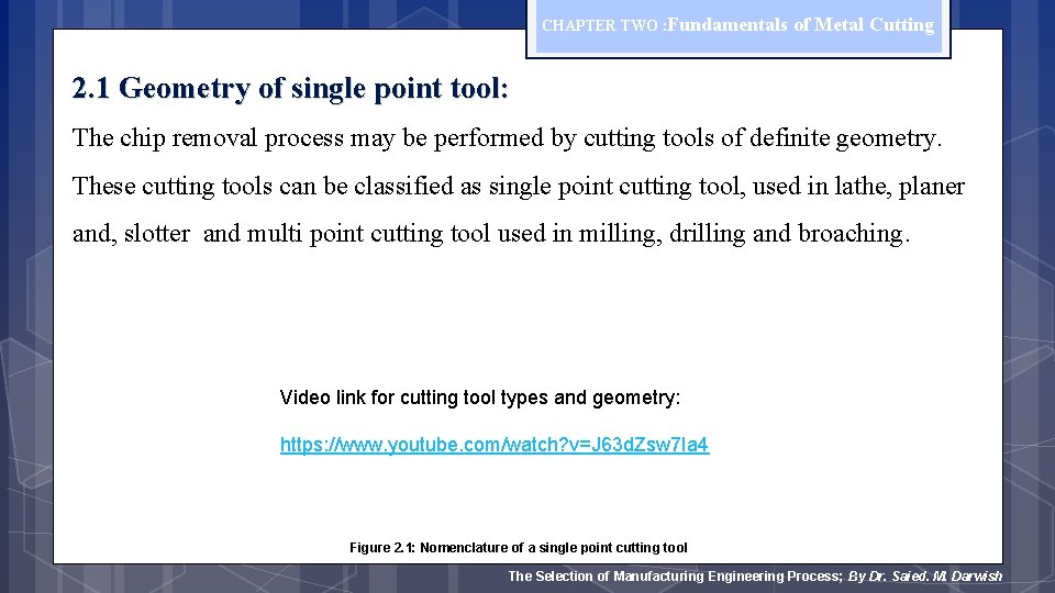 CHAPTER TWO : Fundamentals of Metal Cutting 2. 1 Geometry of single point tool: