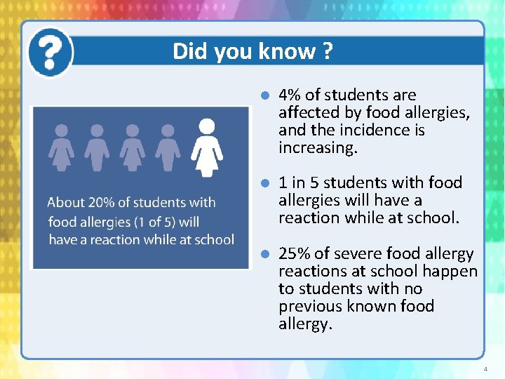 Did you know ? 4% of students are affected by food allergies, and the